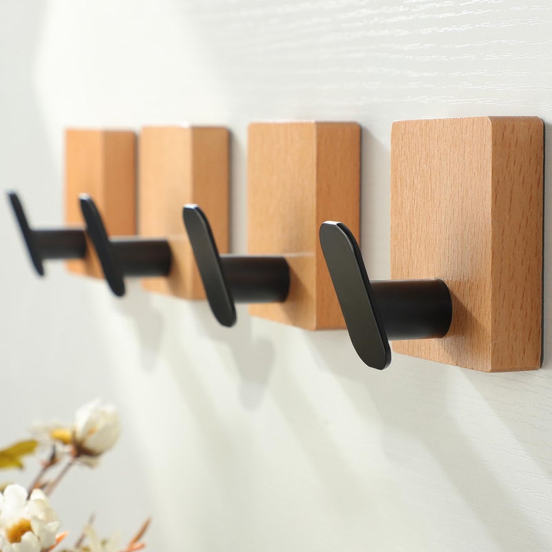 DELITON Towel Hooks Wall Mounted - Adhesive Bathroom Coat Hooks for Hanging Robes Clothes Light Brown, Black Solid Wood Beech Wall Hook 4 Packs - Image 1